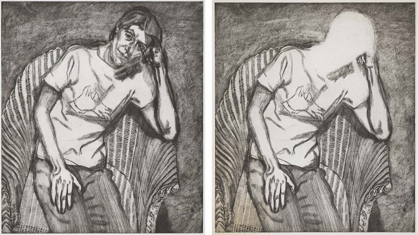 Illustration of two etched portraits, one of a woman with a recognizable face, and the other of the same woman with an erased face, sitting in a wicker chair.