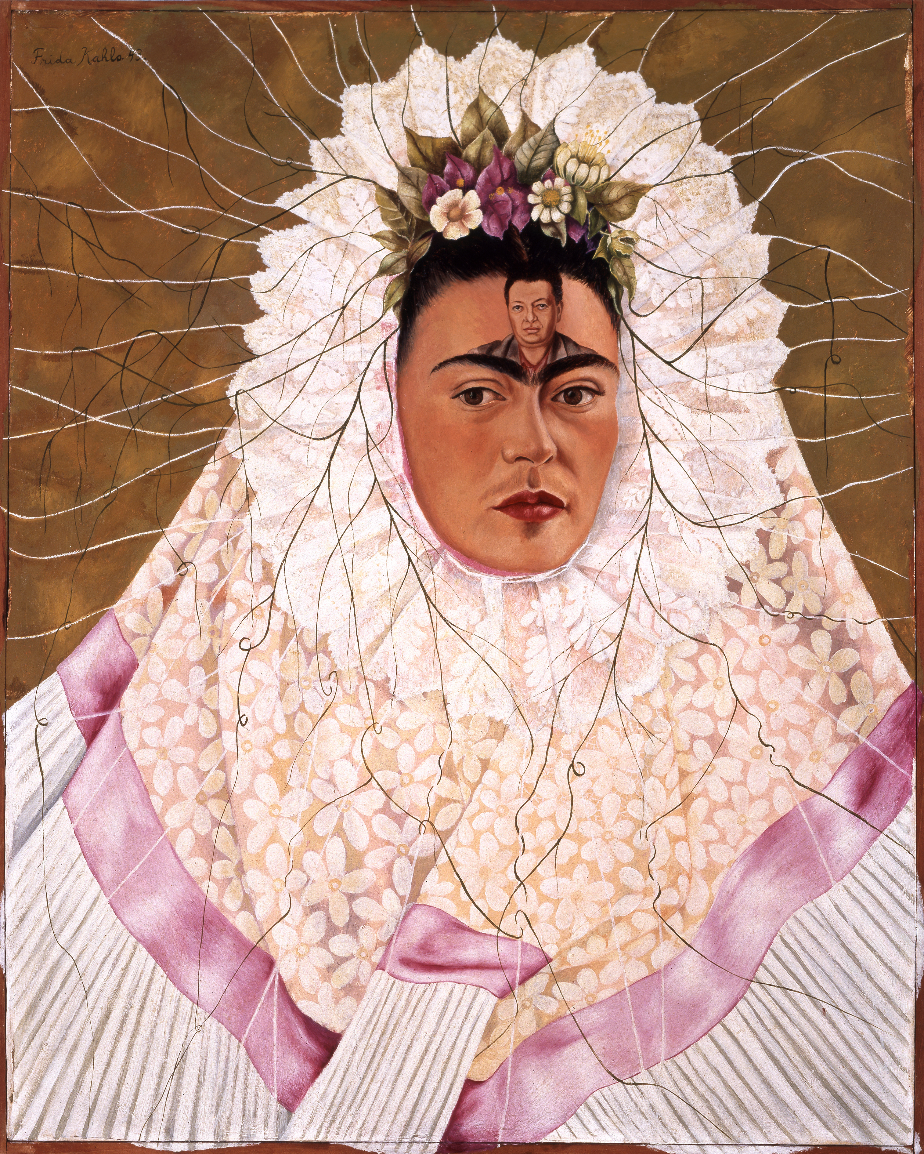 Illustration of Frida Kahlo in Tehuana dress with a miniature portrait of Diego Rivera on her forehead, surrounded by root-like tendrils.
