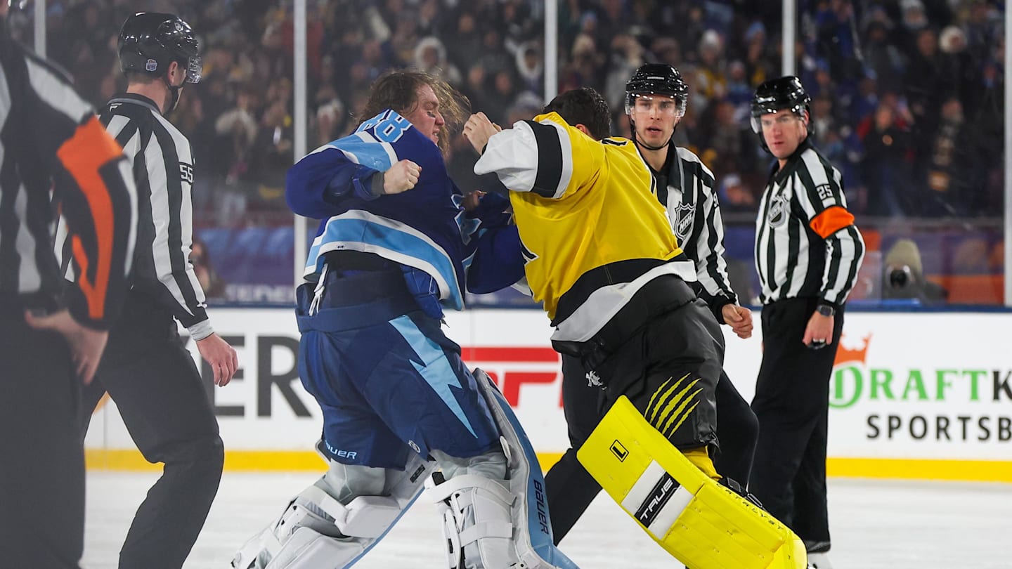 Feb 1, 2026; Tampa Bay, Florida, USA; Tampa Bay Lightning goaltender Andrei Vasilevskiy (88) and Boston Bruins goaltender Jeremy Swayman (1) fight during the second period in the 2026 Stadium Series ice hockey game at Raymond James Stadium. Mandatory Credit: Kim Klement Neitzel-Imagn Images
