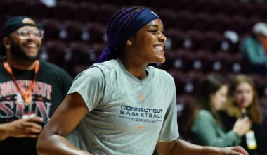 Sep 1, 2025; Uncasville, Connecticut, USA; Connecticut Sun forward Aaliyah Edwards (8) warms up before the start of the game against the Atlanta Dream at Mohegan Sun Arena. Mandatory Credit: David Butler II-Imagn Images