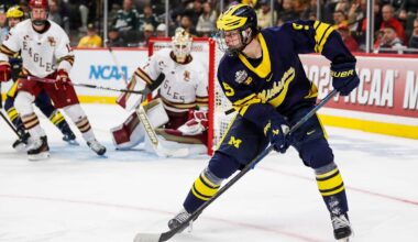 Michigan forward Nick Moldenhauer (9) looks to pass against Boston College during the third period of the Frozen Four semifinal game at Xcel Energy Center in St. Paul, Minn. on Thursday, April 11, 2024.