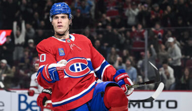 Feb 25, 2025; Montreal, Quebec, CAN; Montreal Canadiens left wing Juraj Slafkovsky (20) reacts after scoring a goal against the Carolina Hurricanes in the first period at Bell Centre. Mandatory Credit: David Kirouac-Imagn Images