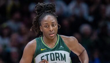 Aug 30, 2025; Seattle, Washington, USA; Seattle Storm forward Nneka Ogwumike (3) is pictured during a game against the Chicago Sky at Climate Pledge Arena. Mandatory Credit: Stephen Brashear-Imagn Images