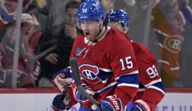 Nov 8, 2025; Montreal, Quebec, CAN; Montreal Canadiens forward Alex Newhook (15) celebrates after scoring a goal against the Utah Mammoth during the second period at the Bell Centre. Mandatory Credit: Eric Bolte-Imagn Images