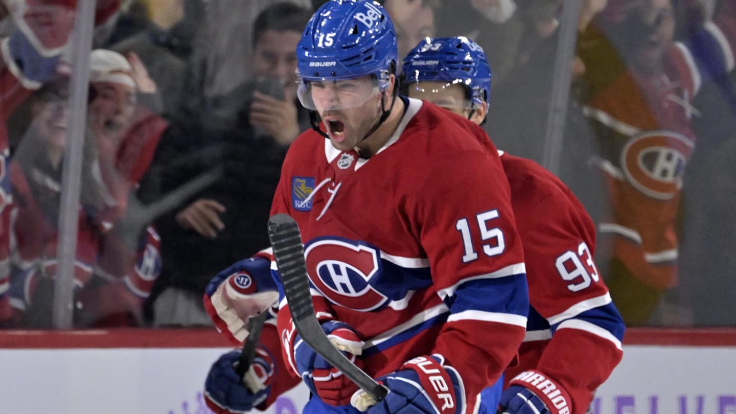 Nov 8, 2025; Montreal, Quebec, CAN; Montreal Canadiens forward Alex Newhook (15) celebrates after scoring a goal against the Utah Mammoth during the second period at the Bell Centre. Mandatory Credit: Eric Bolte-Imagn Images