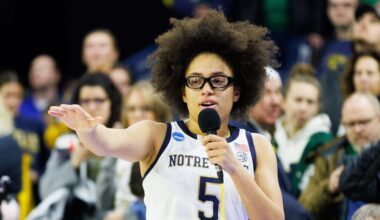 Notre Dame guard Olivia Miles addresses the crowd after winning the second round of the NCAA Women's Basketball Tournament 76-55 against Michigan at Purcell Pavilion on Sunday, March 23, 2025, in South Bend.