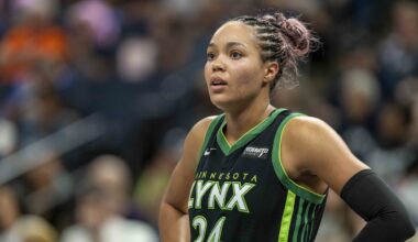 Sep 14, 2025; Minneapolis, Minnesota, USA; Minnesota Lynx forward Napheesa Collier (24) looks on against the Golden State Valkyries in the second half during game one of round one for the 2025 WNBA Playoffs at Target Center. Mandatory Credit: Jesse Johnson-Imagn Images
