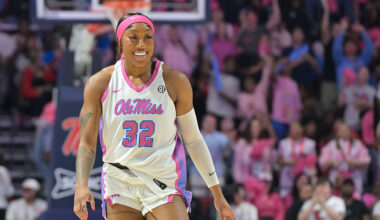 Ole Miss forward Cotie McMahon (32) reacts to making a three-pointer against LSU in a NCAA women’s college basketball game at the Sandy and John Black Pavilion at Ole Miss in Oxford, Miss. on Thursday, Feb. 19, 2026.