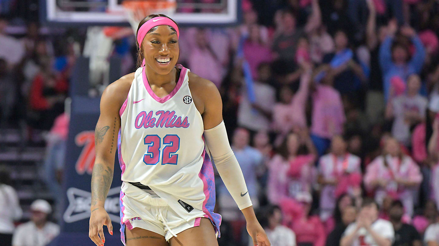 Ole Miss forward Cotie McMahon (32) reacts to making a three-pointer against LSU in a NCAA women’s college basketball game at the Sandy and John Black Pavilion at Ole Miss in Oxford, Miss. on Thursday, Feb. 19, 2026.