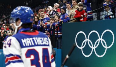 [US, Mexico & Canada customers only] Feb 20, 2026; Milan, Italy; Auston Matthews of United States with fans before the match against Slovakia in a men's ice hockey semifinal during the Milano Cortina 2026 Olympic Winter Games at Milano Santagiulia Ice Hockey Arena. Mandatory Credit: Alessandro Garofalo/Reuters via Imagn Images