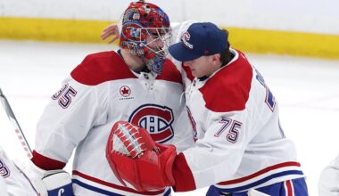 Feb 4, 2026; Winnipeg, Manitoba, CAN;Montreal Canadiens goaltender Samuel Montembeault (35) and goaltender Jakub Dobes (75) celebrate a victory against the Winnipeg Jets at Canada Life Centre. Mandatory Credit: James Carey Lauder-Imagn Images