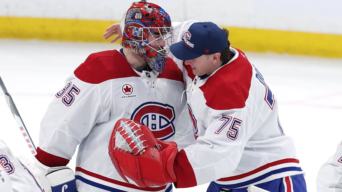 Feb 4, 2026; Winnipeg, Manitoba, CAN;Montreal Canadiens goaltender Samuel Montembeault (35) and goaltender Jakub Dobes (75) celebrate a victory against the Winnipeg Jets at Canada Life Centre. Mandatory Credit: James Carey Lauder-Imagn Images