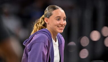 Oct 6, 2025; Fort Worth, Texas, USA; Dallas Wings guard Paige Bueckers looks on during the second quarter between the Dallas Mavericks and the Oklahoma City Thunder at Dickie's Arena. Mandatory Credit: Jerome Miron-Imagn Images