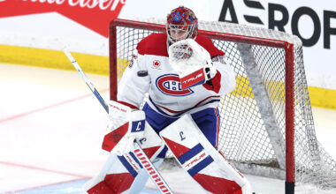 Feb 4, 2026; Winnipeg, Manitoba, CAN; Montreal Canadiens goaltender Samuel Montembeault (35) warms up before a game against the Winnipeg Jets  at Canada Life Centre. Mandatory Credit: James Carey Lauder-Imagn Images