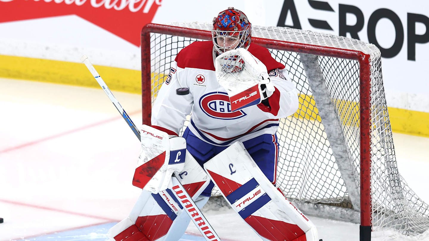 Feb 4, 2026; Winnipeg, Manitoba, CAN; Montreal Canadiens goaltender Samuel Montembeault (35) warms up before a game against the Winnipeg Jets  at Canada Life Centre. Mandatory Credit: James Carey Lauder-Imagn Images