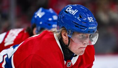 Oct 16, 2025; Montreal, Quebec, CAN; Montreal Canadiens right wing Patrik Laine (92) looks on against the Nashville Predators during the first period at Bell Centre. Mandatory Credit: David Kirouac-Imagn Images