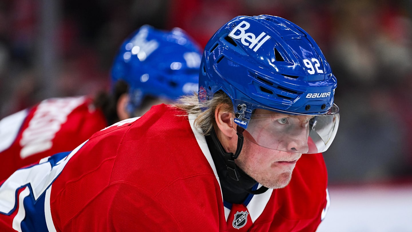 Oct 16, 2025; Montreal, Quebec, CAN; Montreal Canadiens right wing Patrik Laine (92) looks on against the Nashville Predators during the first period at Bell Centre. Mandatory Credit: David Kirouac-Imagn Images