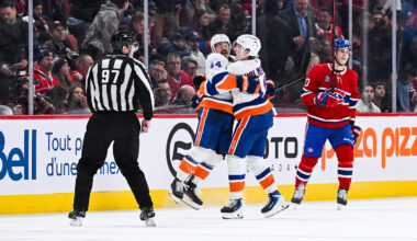 Feb 26, 2026; Montreal, Quebec, CAN; New York Islanders center Jean-Gabriel Pageau (44) celebrates his game winning goal against the Montreal Canadiens in during overtime at Bell Centre. Mandatory Credit: David Kirouac-Imagn Images