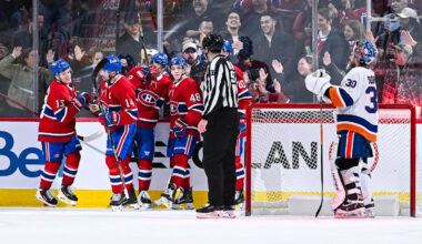 Feb 26, 2026; Montreal, Quebec, CAN; Montreal Canadiens right wing Cole Caufield (13) celebrates his goal against the New York Islanders with teammates during the third period at Bell Centre. Mandatory Credit: David Kirouac-Imagn Images