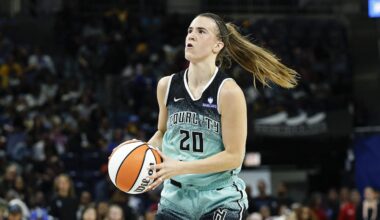 Sep 11, 2025; Chicago, Illinois, USA; New York Liberty guard Sabrina Ionescu (20) looks to shoot against the Chicago Sky during the first half at Wintrust Arena. Mandatory Credit: Kamil Krzaczynski-Imagn Images