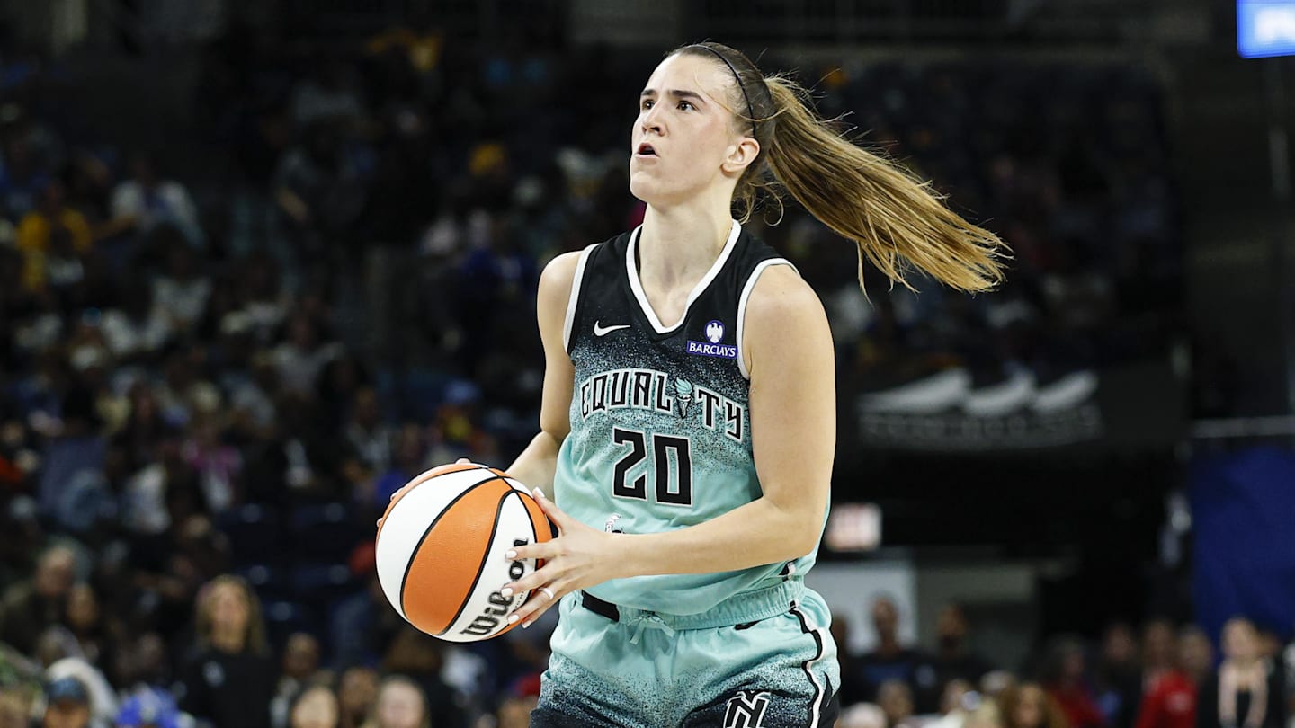Sep 11, 2025; Chicago, Illinois, USA; New York Liberty guard Sabrina Ionescu (20) looks to shoot against the Chicago Sky during the first half at Wintrust Arena. Mandatory Credit: Kamil Krzaczynski-Imagn Images