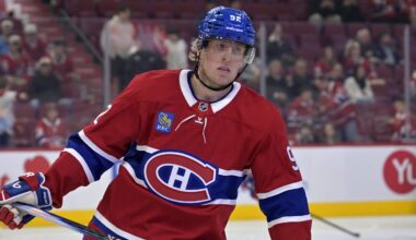 Sep 22, 2025; Montreal, Quebec, CAN; Montreal Canadiens forward Patrik Laine (92) skates during the warmup period before the game against the Pittsburgh Penguins at the Bell Centre. Mandatory Credit: Eric Bolte-Imagn Images