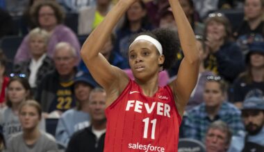 Aug 24, 2025; Minneapolis, Minnesota, USA; Indiana Fever forward Brianna Turner (11) shoots the ball against the Minnesota Lynx in the second half at Target Center. Mandatory Credit: Jesse Johnson-Imagn Images