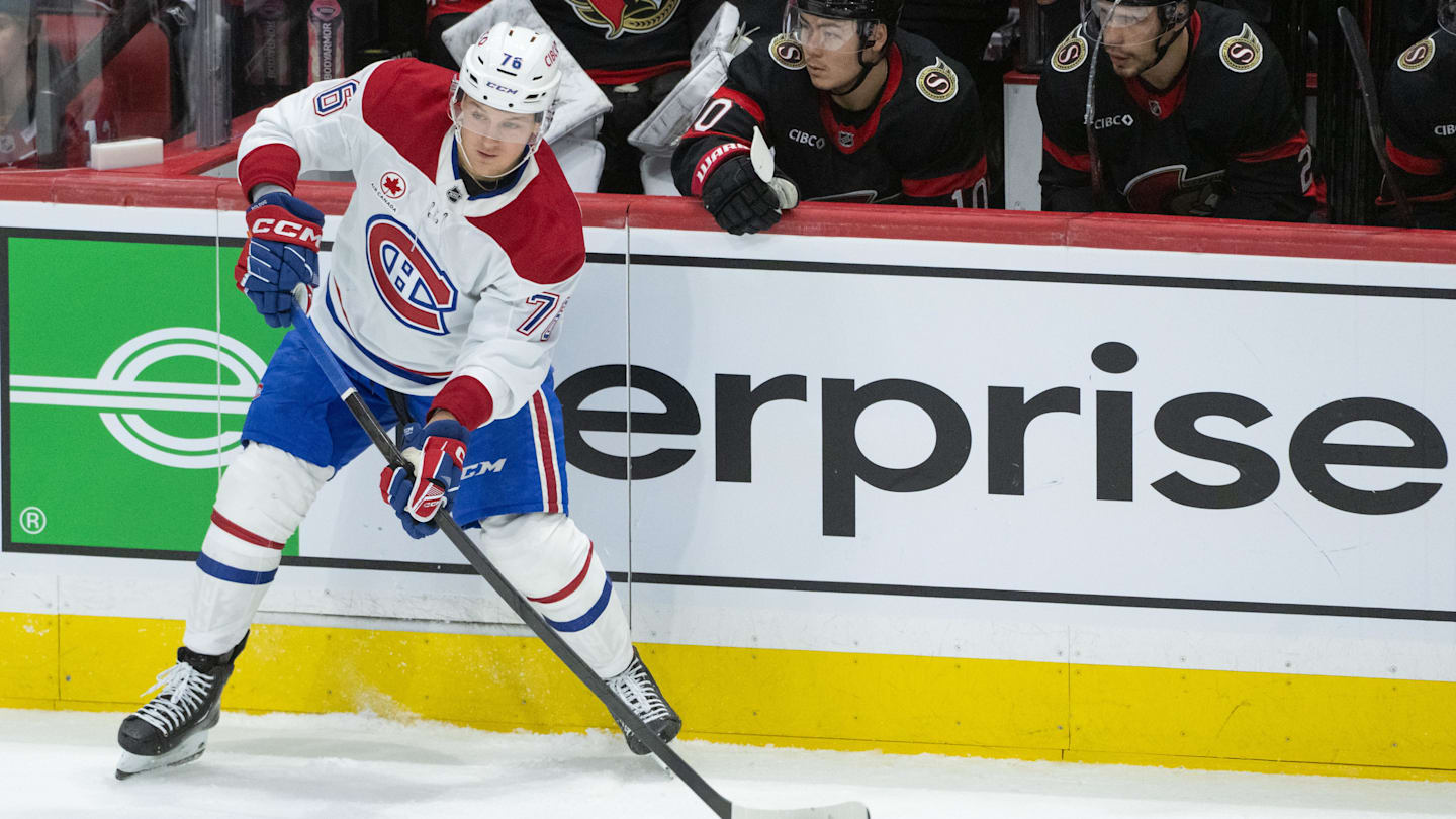 Jan 17, 2026; Ottawa, Ontario, CAN; Montreal Canadiens right wing Zachary Bolduc (76) moves the puck in the third period against the  Ottawa Senators at the Canadian Tire Centre. Mandatory Credit: Marc DesRosiers-IMAGN Images