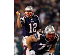 Brantford's Nick Kaczur (77) protected Tom Brady (12) from his offensive line position during his tenure in New England, playing for the Patriots.