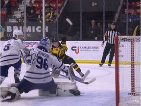 Charlie Paquette of the Brantford Bulldogs watches his shot ring off the iron against the Brampton Steelheads during OHL action at the TD Civic Centre on Wednesday, Feb. 25.