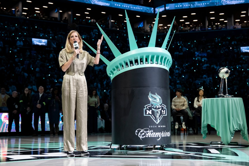WNBA Commissioner Cathy Engelbert speaks during the New York Liberty's 2024 Championship ring and banner ceremony.
