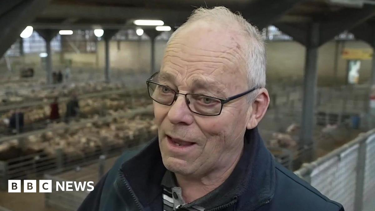 A man with grey hair and glasses speaking. He is in a large farmyard building with animals in pens behind him.