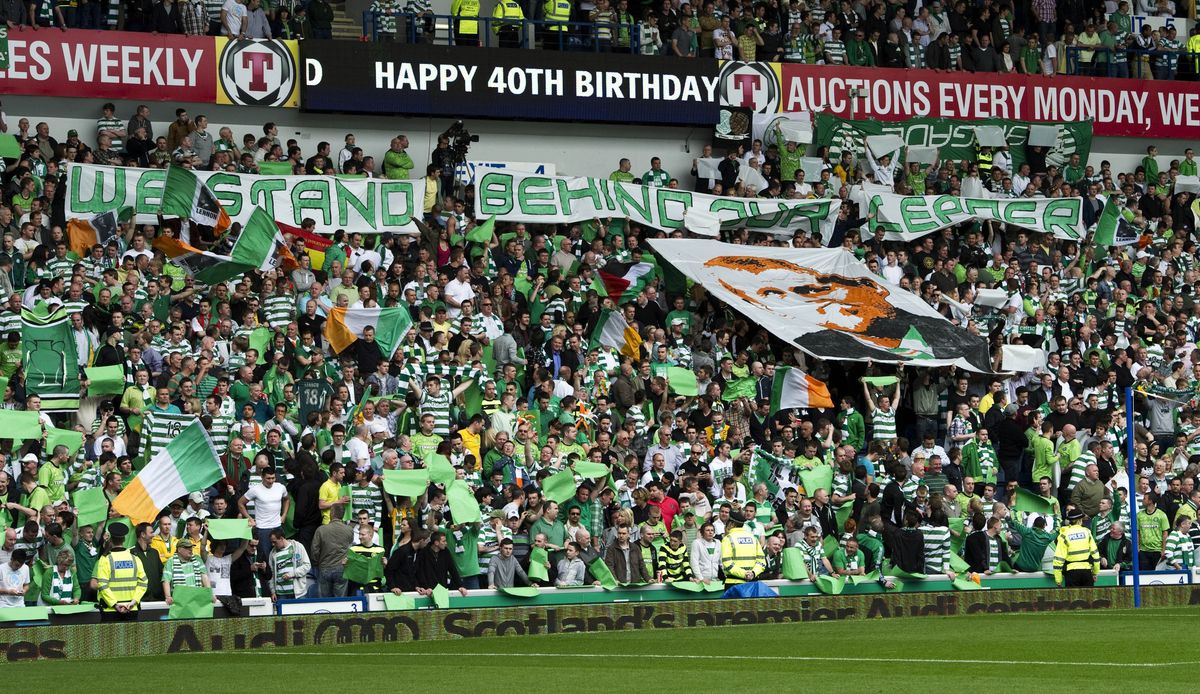Celtic fans at Ibrox when they were allocated the full Broomloan Road stand