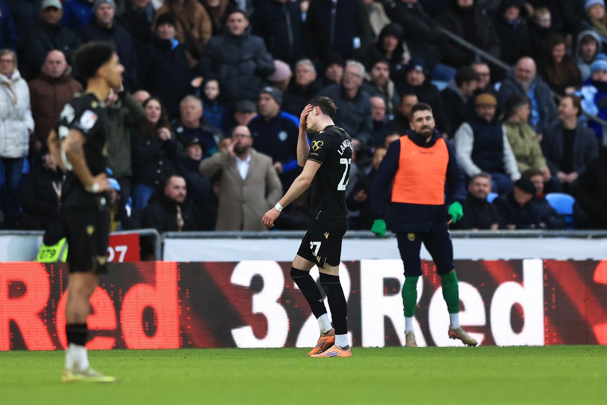 Will Lankshear was sent off for his challenge during the Sky Bet Championship match between Coventry City and Oxford United at The Coventry Building Society Arena