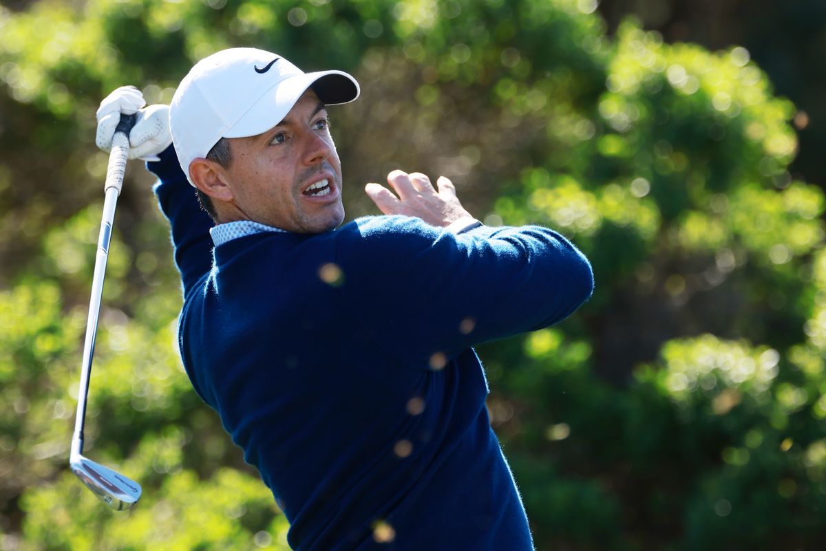 Rory McIlroy of Northern Ireland plays his shot from the fifth tee during the first round of the AT&T Pebble Beach Pro-Am 2026 at Spyglass Hill Golf Course on February 12, 2026 in Pebble Beach, California.
