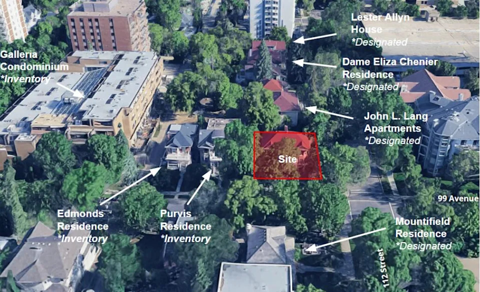 The Armstrong Residence site is surrounded by other historic homes. It's a rare pocket of preserved single family homes in one of Edmonton's most dense neighbourhoods.