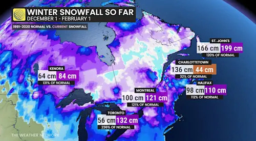 Eastern Canada snowfall winter 2025-26