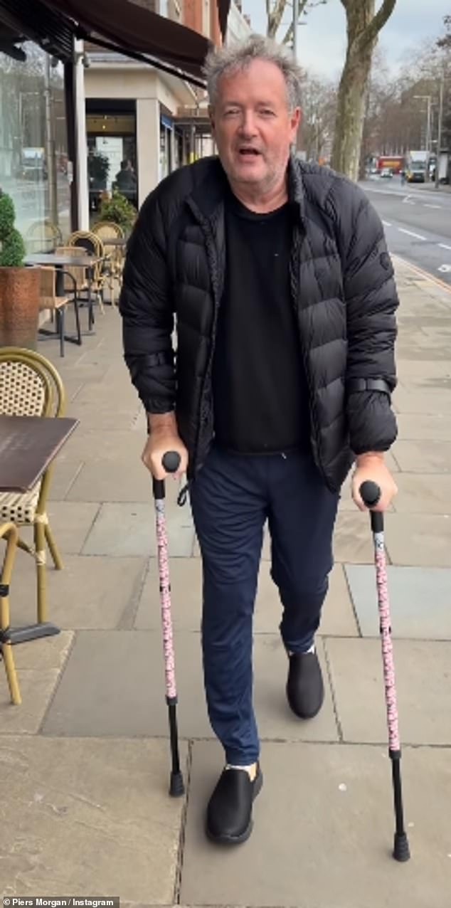 Piers cut a causal figure on his long overdue outing in a padded black coat which he teamed with a T-shirt and jeans while hobbling on the £300 walking aids