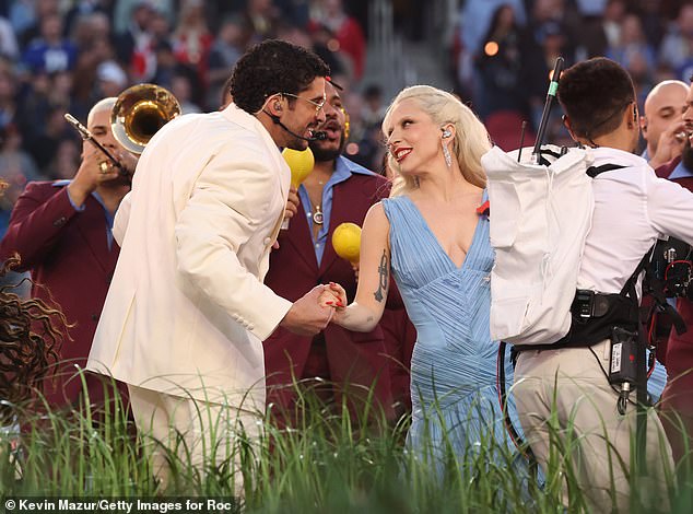 Bad Bunny and Lady Gaga perform together onstage during the star-studded halftime show