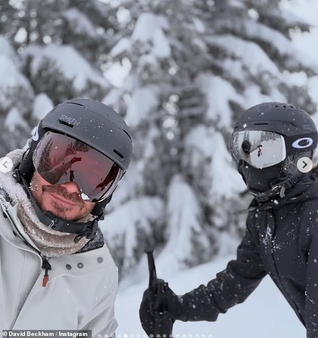 The athlete and Harper beamed for selfies in the snow as they headed out on the slopes with a ski guide before enjoying a hot chocolate and lunch on the mountain