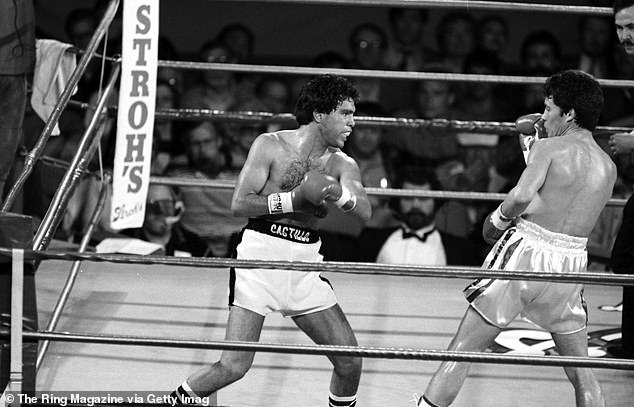 Ruben Castillo (L) throws a punch against Julio Cesar Chavez during the fight at the LA Forum