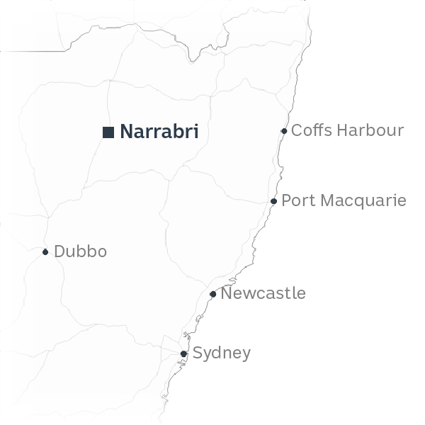 Map of northeastern New South Wales shows Narrabri 320 kilometres due west of Coffs Harbour. 