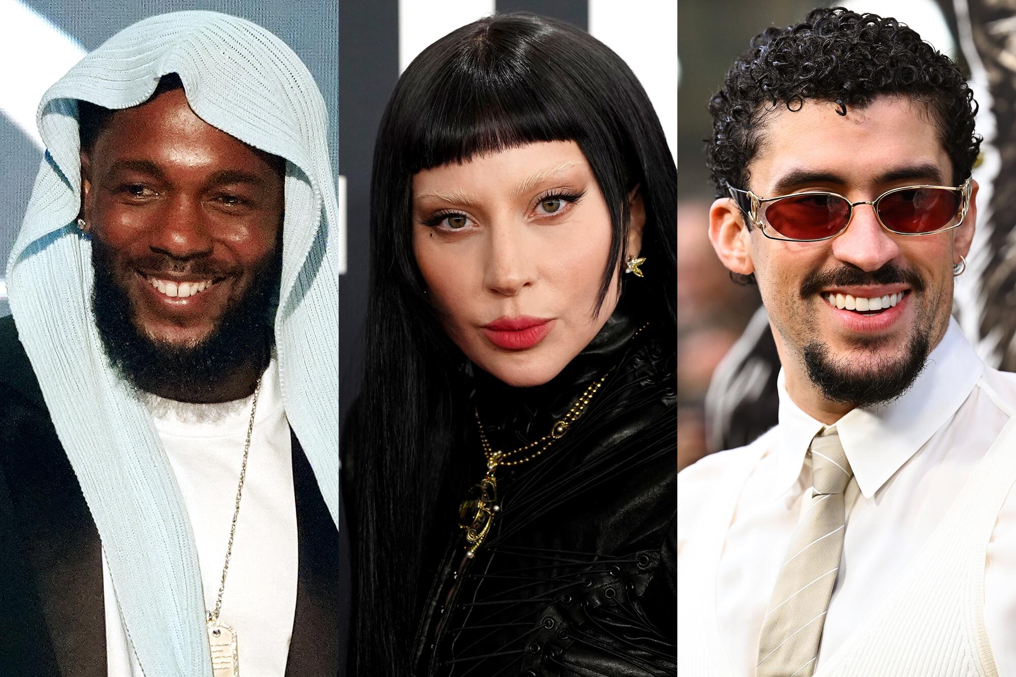 A triptych of Kendrick Lamar, left, Lady Gaga and Bad Bunny