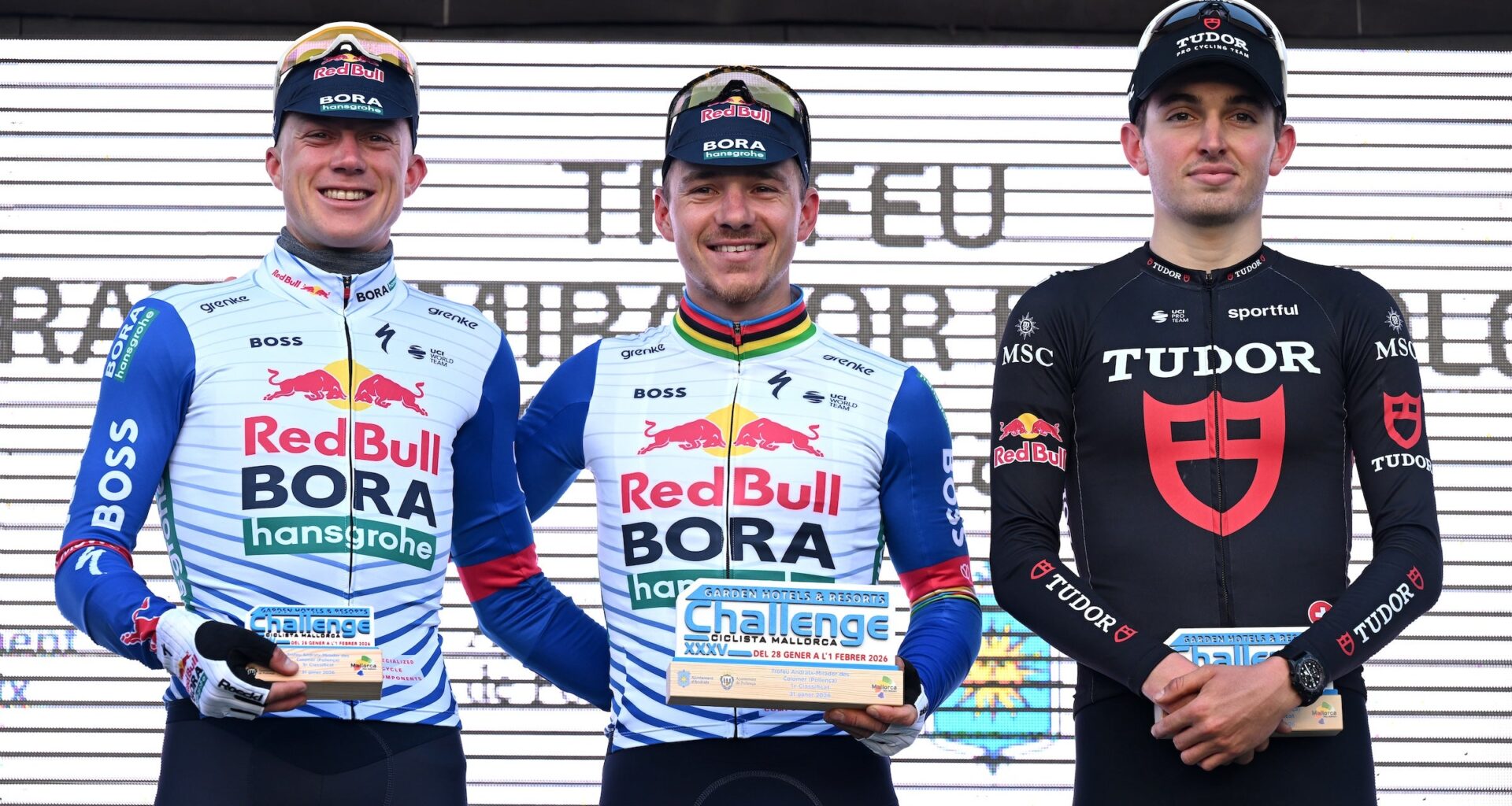 Red Bull-Bora-Hansgrohe duo Maxim Van Gils and Remco Evenepoel plus runner-up Mathys Rondel (Tudor Pro Cycling) on the podium after the Trofeo Andratx - Pollenca on January 31 2026 (Photo: Tim de Waele/Getty Images)