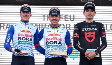 Red Bull-Bora-Hansgrohe duo Maxim Van Gils and Remco Evenepoel plus runner-up Mathys Rondel (Tudor Pro Cycling) on the podium after the Trofeo Andratx - Pollenca on January 31 2026 (Photo: Tim de Waele/Getty Images)