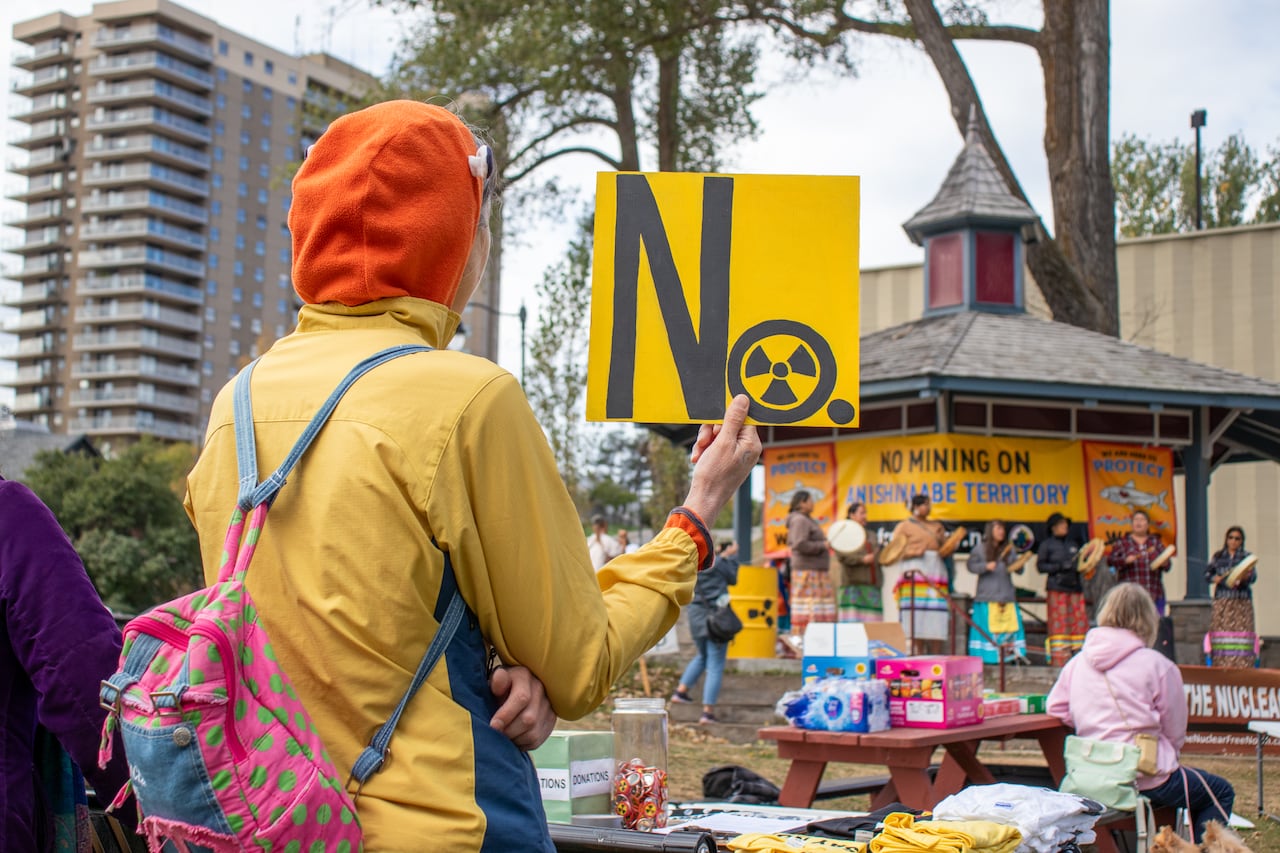 A person is seen from behind holding a sign that says "No," featuring a nuclear waste symbol.