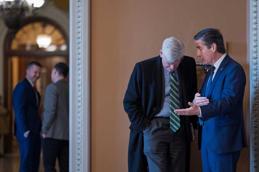 Sen. Bernie Moreno (right), R-Ohio, and Sen. Bill Cassidy, R-La., are shown in a hallway of the Capitol talking. Cassidy is leaning down as Moreno speaks into his ear.