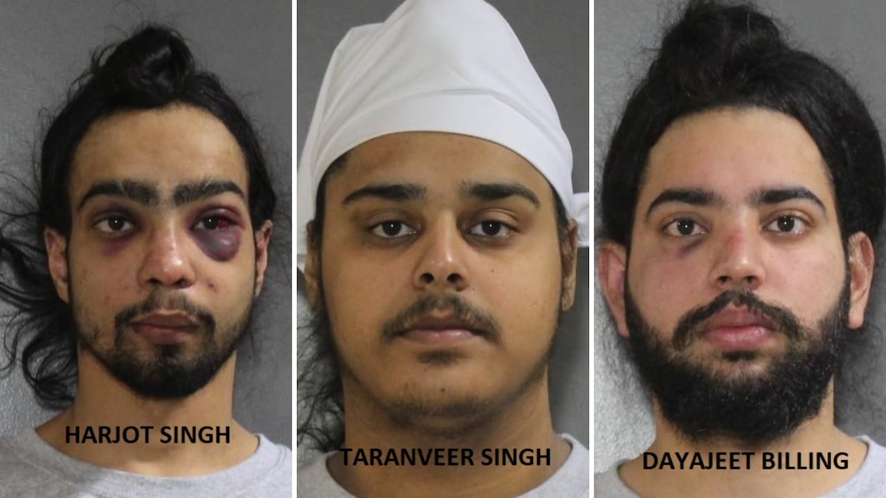 Three South Asian men are seen in mugshots. Two of them are visibly injured.