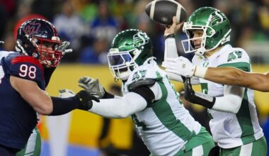 Saskatchewan Roughriders quarterback Trevor Harris (7) throws as Montreal Alouettes