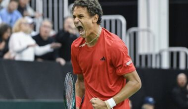 Gabriel Diallo, of Canada, reacts during his Davis Cup qualifying tennis match against Marton Fucsovics, of Hungary, in Montreal on Saturday, February 1, 2025. THE CANADIAN PRESS/Graham Hughes